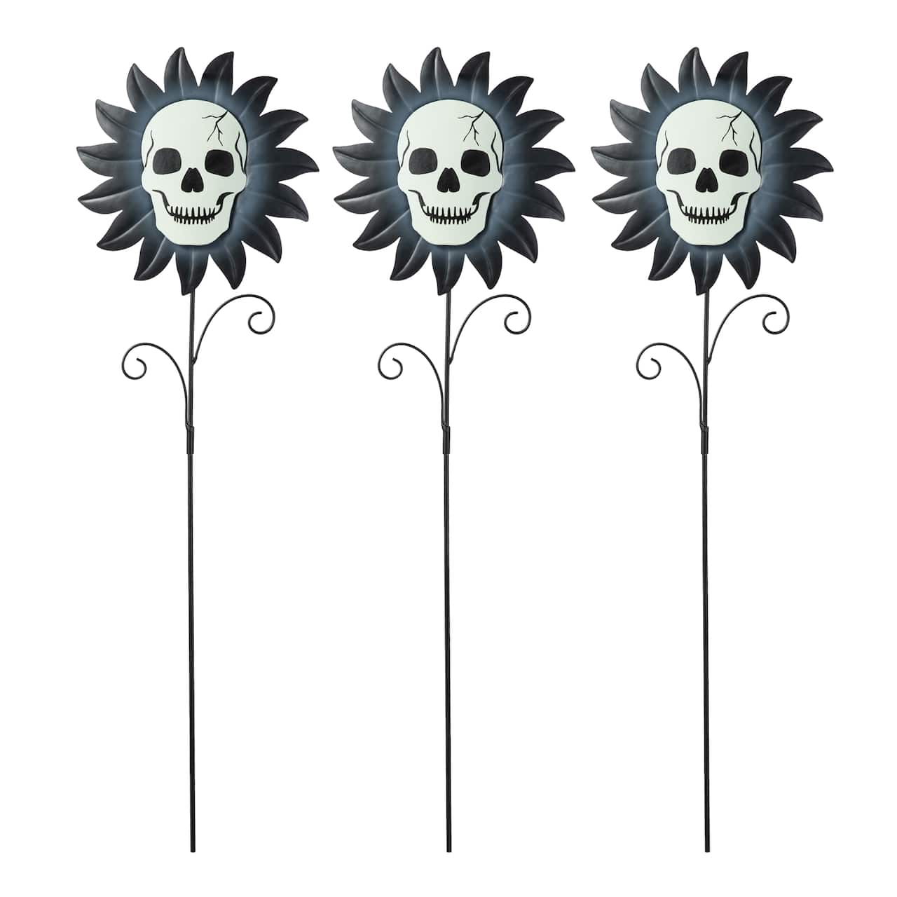 Glitzhome® 24" Halloween Metal Sunflower Skulls Glow-in-Dark Yard Stakes, 3ct.